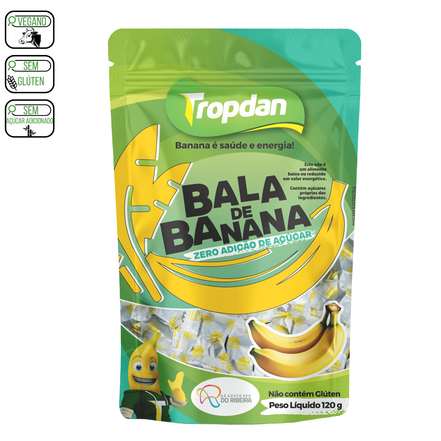 Balas de banana sem adição de açúcar - Pacotes com 120g 