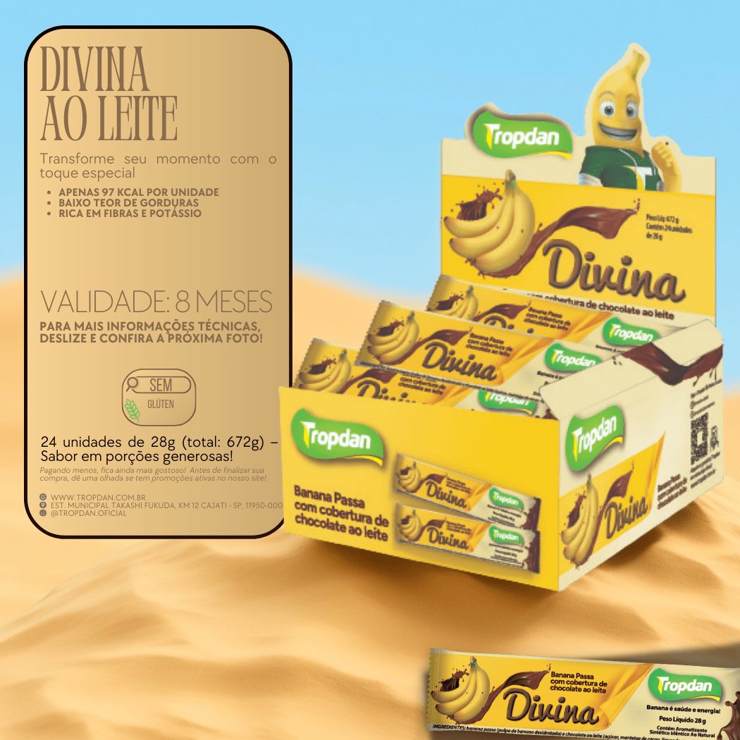 Banana Passa coberta com chocolate ao leite 28g - Display com 24 unidades