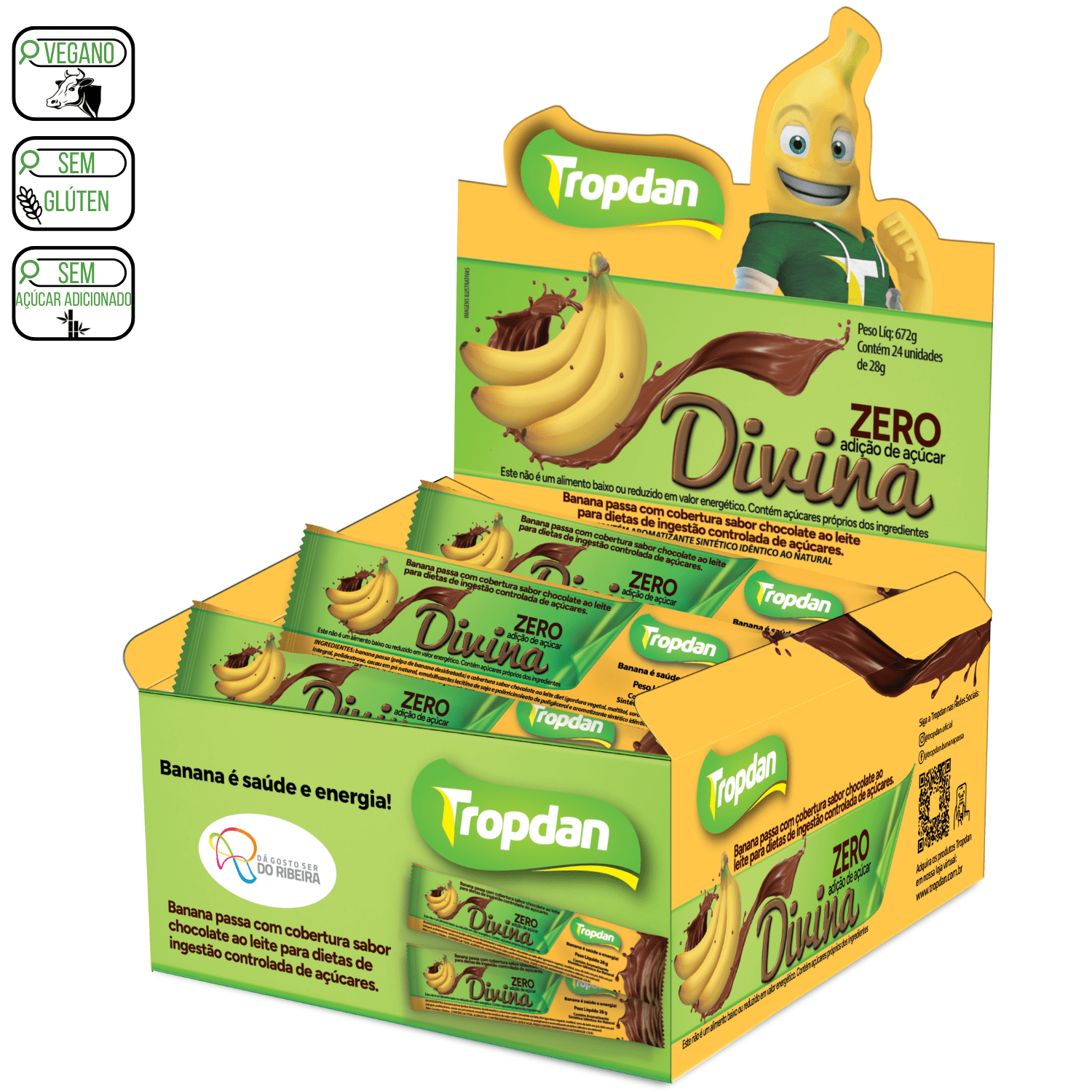 Banana passa coberta com chocolate Diet 28g - Display com 24 unidades