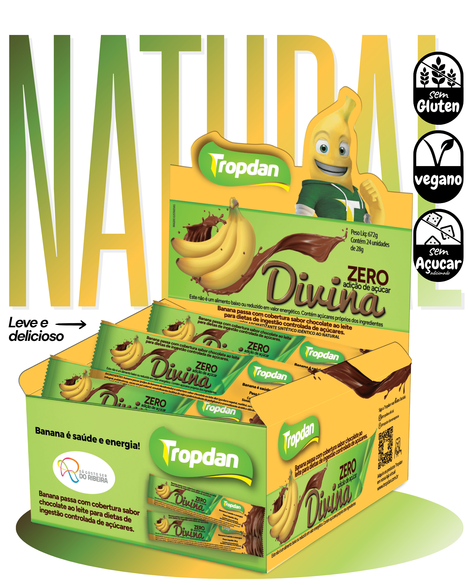 Banana passa coberta com chocolate Diet 28g - Display com 24 unidades