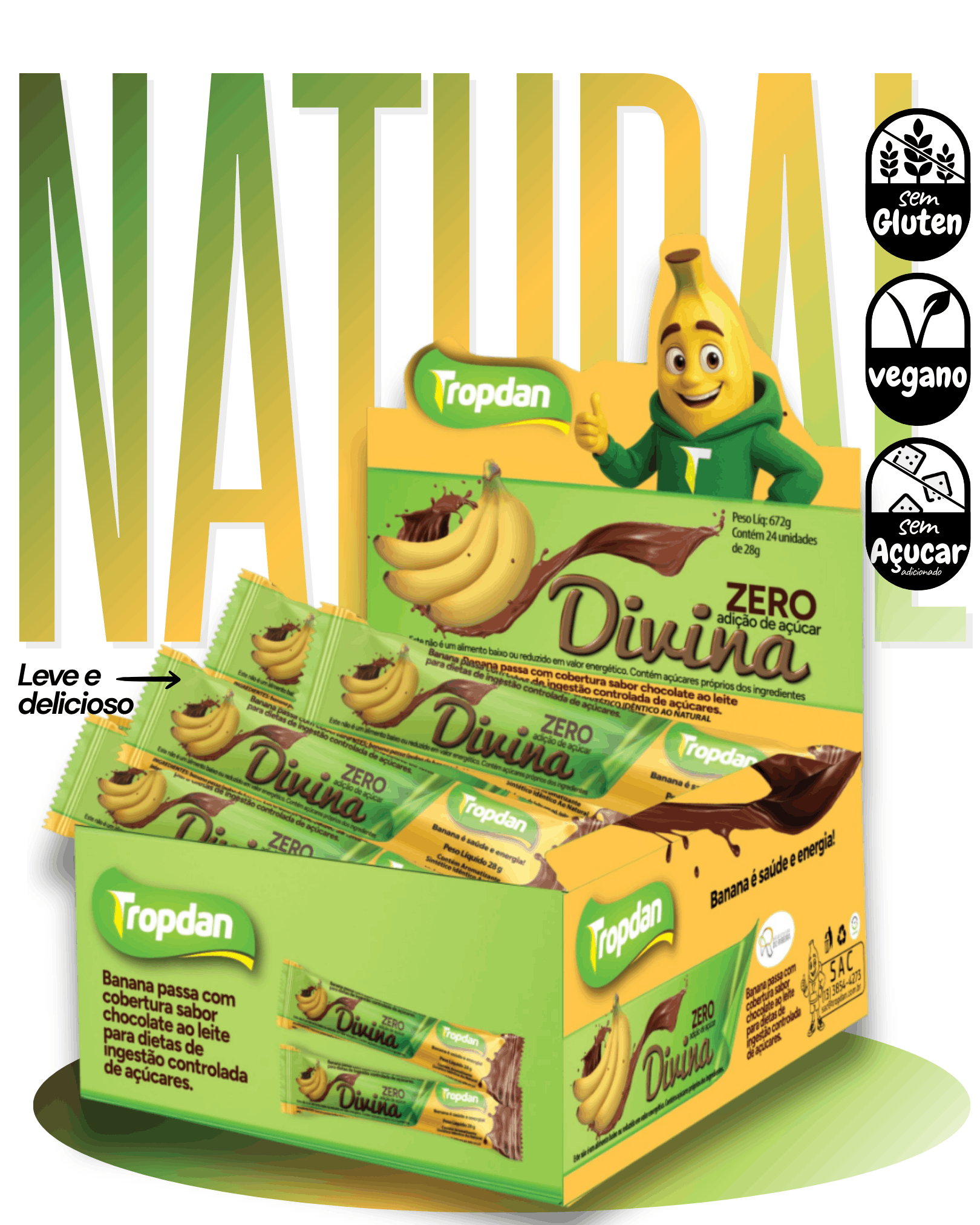 Banana passa coberta com chocolate Diet 28g - Display com 24 unidades